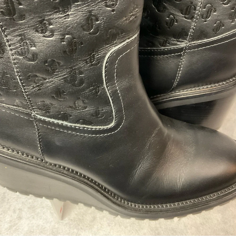 Jimmy Choo Monogram Embossed Leather Wedge Boots- Black- Barely Worn- Size 37.5 - Picture 10 of 14